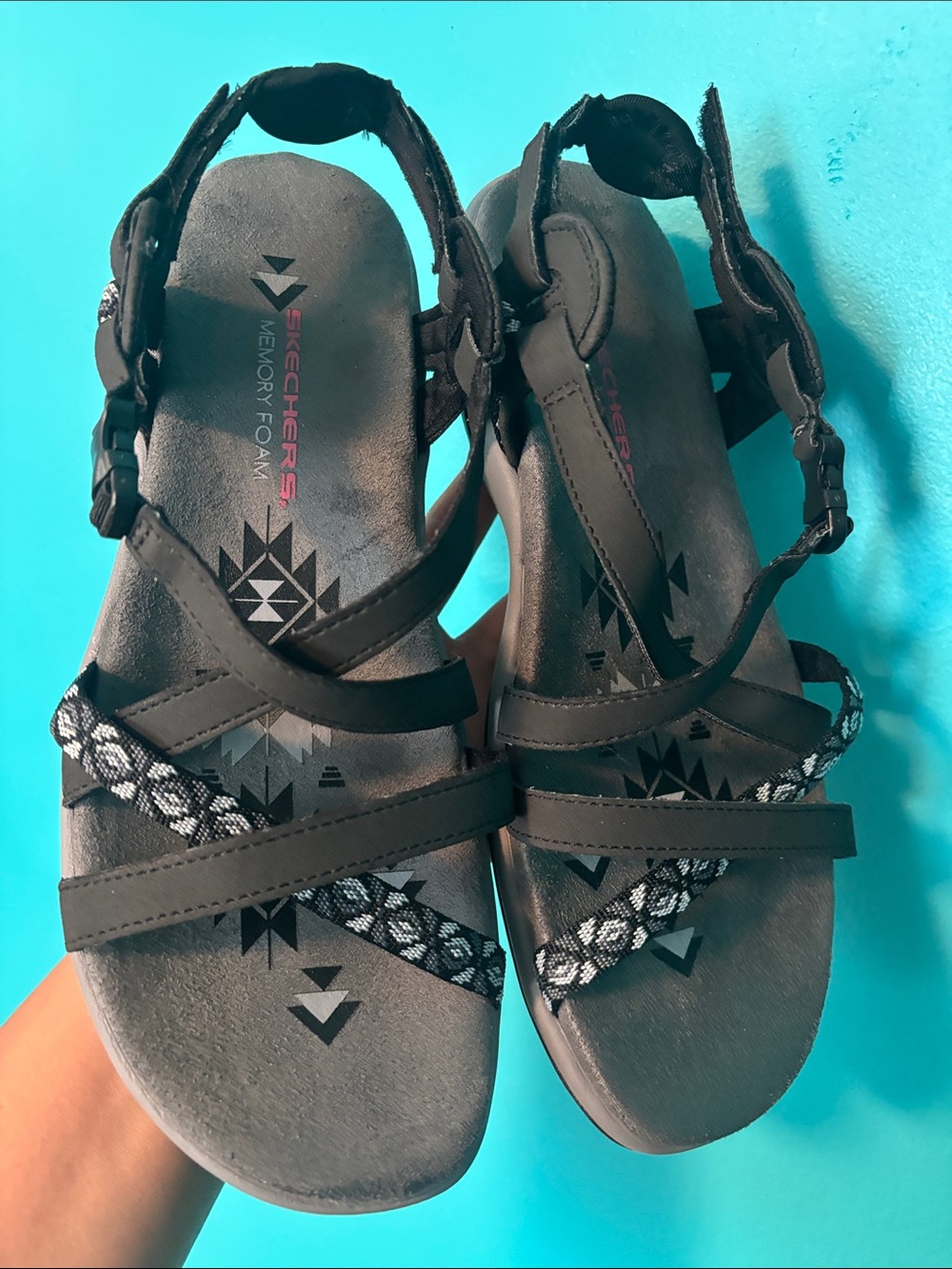 Skechers Black Strappy Memory Foam Sandals with Patterned Accent